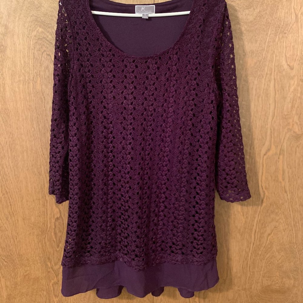 JM Collection Women's Plum Open Knit Lace Hem Blouse Size Medium